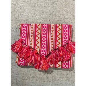 Mud Pie Tassel Fringe Woven Envelope Clutch Purse Bag Pink White Red Boho
